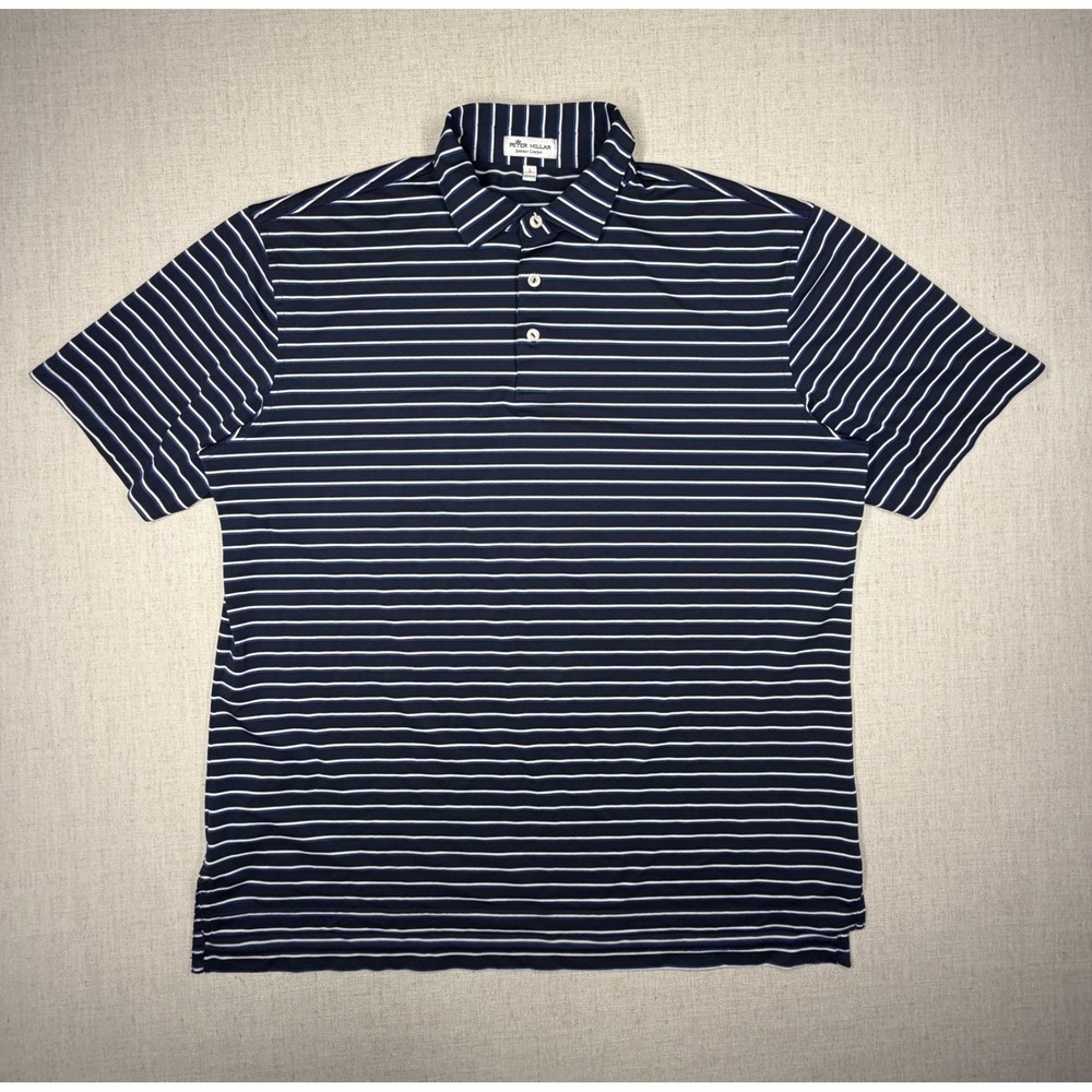 Peter Millar Summer Comfort Mens Large Navy Blue Striped Golf Polo Shirt L